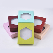 Cardboard Jewelry Boxes, for Ring, Necklace, Earring, with Hexagon Shape Clear Window and Sponge Inside, Rectangle, Mixed Color, 9.2x7.2x2.5cm(CBOX-N012-09)