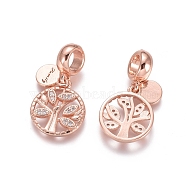 Brass Micro Pave Cubic Zirconia European Dangle Charms, Large Hole Pendants, Flat Round with Tree and Word Family, Clear, Rose Gold, 24.5mm, Flat Round: 8x6x1mm, Tree: 15x13x2mm, Hole: 5mm(ZIRC-E163-06RG)