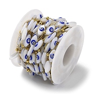 Ion Plating(IP) 316 Stainless Steel Satellite Chains, with Oval with Evil Eye Natural White Shell Enamel Beaded, with Spool, Soldered, Real 18K Gold Plated, 11.5x6x4mm(AJEW-Z026-01E)