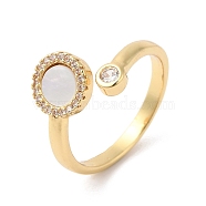 Natural Shell Flat Round Open Cuff Ring with Clear Cubic Zirconia, Brass Jewelry for Women, Real 16K Gold Plated, Inner Diameter: 18mm(RJEW-L106-017G)