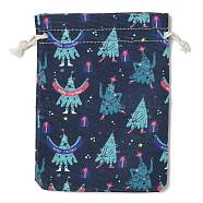 Christmas Theme Cloth Printed Storage Bags, Drawstring Bags, Rectangle, Marine Blue, 18x13x0.4cm(ABAG-F010-02B-05)