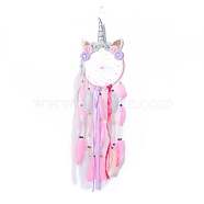 Handmade Unicorn Woven Net/Web with Feather Wall Hanging Decoration, with Beads & Ribbon & Flower, for Home Offices Ornament, Pink, 850~920x205mm, Pendant: 800~805mm long(HJEW-A001-01A)