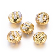 Natural Cultured Freshwater Pearl Beads, Covered with Brass, Flat Round, Golden, 26.5~28.5x25.5~28x15.5~20mm, Hole: 1mm(PEAR-K007-D01)