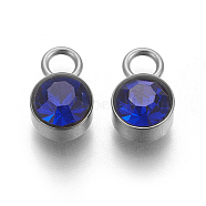 Glass Rhinestone Charms, Birthstone Charms, with Stainless Steel Color Tone 201 Stainless Steel Findings, Flat Round, Sapphire, 10x6x5mm, Hole: 2mm(STAS-F189-P06)
