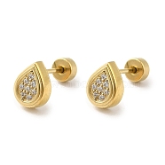 304 Stainless Steel with Rhinestone Stud Earrings for Women, Teardrop, Real 14K Gold Plated, 8x6mm(EJEW-G364-08G)