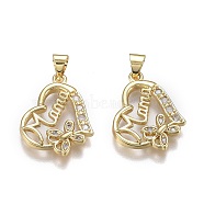 Brass Micro Pave Clear Cubic Zirconia Pendants, with Snap on Bails, for Mother's Day, Long-Lasting Plated, Heart with Word Mom, Real 18K Gold Plated, 20x15.5x2.5mm, Hole: 5mm(ZIRC-A011-01G)