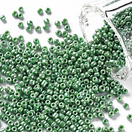 (Repacking Service Available) Glass Seed Beads, Opaque Colors Lustered, Round, Medium Sea Green, 12/0, 2mm, Hole: 1mm, about 12g/bag(SEED-C021-2mm-127)