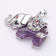 Natural Amethyst Pendants, with Rhinestone and Brass Findings, Elephant, Platinum, 25.5x36.5x10mm, Hole: 5x8mm(X-G-P268-06)