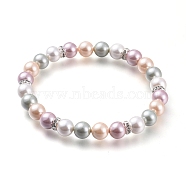 Round Shell Pearl Stretch Beaded Bracelets, with Brass Rhinestone Spacer Beads, Colorful, Inner Diameter: 2-1/4 inch(5.7cm)(BJEW-JB05510-01)
