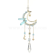 Natural Aquamarine Chips & Brass Moon Pendant Decorations, with Glass Cone and Brass Sun/Star/Moon Charms, for Home Decorations, 325mm(HJEW-TA00066-04)