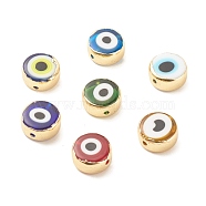 Handmade Evil Eye Lampwork Beads, with Brass Findings, Long-Lasting Color, Cadmium Free & Lead Free, Flat Round, Mixed Color, 11~12x5.5mm, Hole: 1.2mm(LAMP-G143-02)