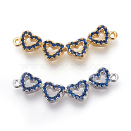 Brass Micro Pave Cubic Zirconia Links, Heart, Royal Blue, Mixed Color, 28.5x9x2mm, Hole: 0.5mm(KK-O109-12)