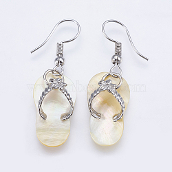 Natural Yellow Shell Dangle Earrings, with Brass Findings, Flip Flops, Yellow, 40~41mm, Pin: 0.7mm(EJEW-F147-G02-01)