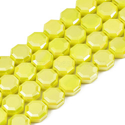 Electroplate Opaque Solid Color Glass Beads Strands, AB Color Plated, Half Plated, Faceted, Octagon, Yellow, 7~8x7~8x4mm, Hole: 1.2mm, about 72pcs/strand, 20.47 inch(52cm)(EGLA-N002-27-B03)