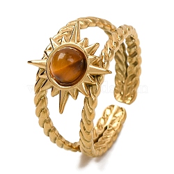 Natural Tiger Eye Finger Rings, Sun Golden Tone 304 Stainless Steel Cuff Rings for Women Men, Inner Diameter: Adjustable(RJEW-Q822-26G-01)