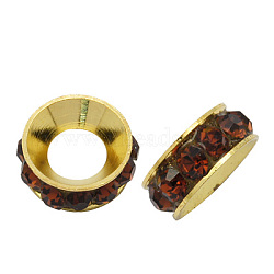 Brass Rhinestone Spacer Beads, Grade A, Rondelle, Golden Metal Color, Coffee, 9x4mm, Hole: 4mm(RB-A020-9mm-15G)