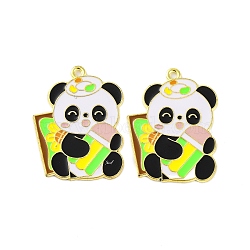 Golden Plated Alloy Enamel Pendants, Cadmium Free & Lead Free, Panda Charm, Flower, 33x29x1mm, Hole: 1.6mm(ENAM-Z017-11G-02)