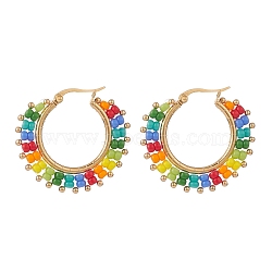 Glass Seed Braided Hoop Earrings, Gold Plated Brass Jewelry for Women, Colorful, 30x35x3mm, Pin: 0.9mm(EJEW-TA00124)