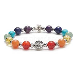 Natural & Synthetic Mixed Gemstone Beaded Stretch Bracelet, Saint Benedict Medal & Cross Alloy Adjustable Bracelet for Women, Inner Diameter: 2-1/4 inch(5.8cm)(BJEW-JB09257)