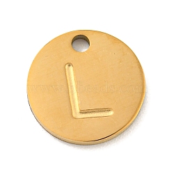 Ion Plating(IP) 304 Stainless Steel Pendants, Laser Cut, Flat Round with Letter Charm, Golden, Letter L, 10x1mm, Hole: 1.4mm(FIND-M017-02G-L)