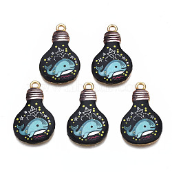 Rack Plating Alloy Enamel Pendants, Cadmium Free & Nickel Free & Lead Free, Bulb with Whale Pattern, Turquoise, 28x17x2.5mm, Hole: 2mm(ENAM-T011-145C)