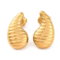 Ion Plating(IP) 304 Stainless Steel Stud Earrings, Teardrop with Stripe, Real 14K Gold Plated, 19x10mm(EJEW-G395-29G)