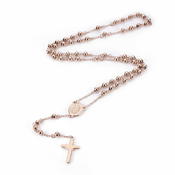 304 Stainless Steel Rosary Bead Necklaces, Oval with Virgin Mary, Crucifix Cross, For Easter, Rose Gold, 26.4 inch(67cm)