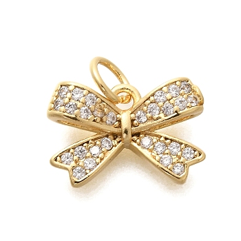 Rack Plating Brass Micro Pave Cubic Zirconia Pendant, Long-Lasting Plated, Lead Free & Cadmium Free, Bowknot Charms, with Jump Ring, Real 18K Gold Plated, 9x13.5x4mm