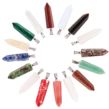 Natural & Synthetic Gemstone Point Pendants, with Platinum Tone Brass Findings, Bullet, 35~37x10~11x9~10mm, Hole: 6~7x2.5~4mm, 15pcs/box