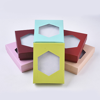 Cardboard Jewelry Boxes, for Ring, Necklace, Earring, with Hexagon Shape Clear Window and Sponge Inside, Rectangle, Mixed Color, 9.2x7.2x2.5cm