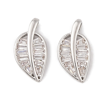 Brass Micro Pave Clear Cubic Zirconia Pendants, Long-Lasting Plated, Leaf Charms, Platinum, 16.5x8.5x3.5mm, Hole: 2x1mm