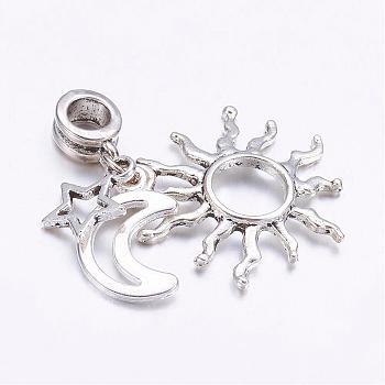 Tibetan Style Alloy European Dangle Charms, Star, Sun & Moon, Antique Silver, 37mm, Hole: 4.5mm