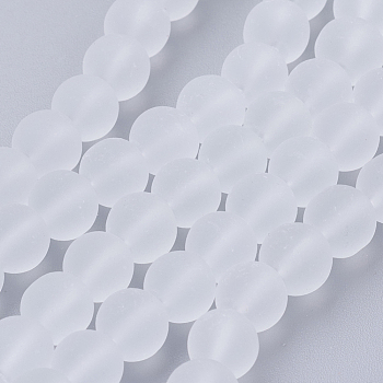 Transparent Glass Bead Strands, Frosted, Round, White, 8mm, Hole: 1~1.6mm, about 99pcs/strand, 31.4 inch