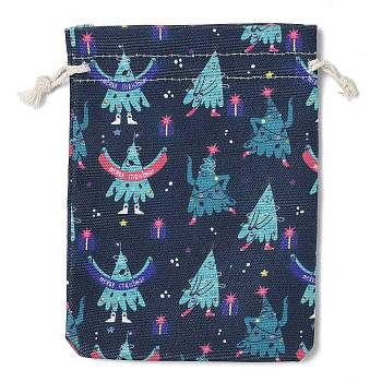 Christmas Theme Cloth Printed Storage Bags, Drawstring Bags, Rectangle, Marine Blue, 18x13x0.4cm