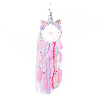 Handmade Unicorn Woven Net/Web with Feather Wall Hanging Decoration, with Beads & Ribbon & Flower, for Home Offices Ornament, Pink, 850~920x205mm, Pendant: 800~805mm long