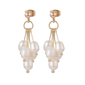 Natural Pearl Beaded Cluster Earrings, Brass Dangle Stud Earrings for Women, Golden, 35mm, Pin: 0.7mm