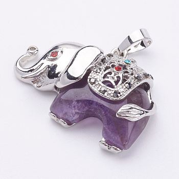Natural Amethyst Pendants, with Rhinestone and Brass Findings, Elephant, Platinum, 25.5x36.5x10mm, Hole: 5x8mm