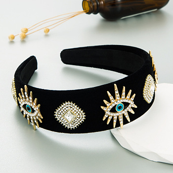 Cloth Hair Bands, Alloy Enamel with Rhinestone Evil Eyes Wide Hair Bands Accessories for Women Girls, Black, 150x130x43mm