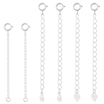 PandaHall Elite 6Pcs 3 Style 925 Sterling Silver Curb Chain Extender, End Chains with Heart Chain Tabs, with S925 Stamp, Platinum & Silver, 50~65mm, 2pcs/style