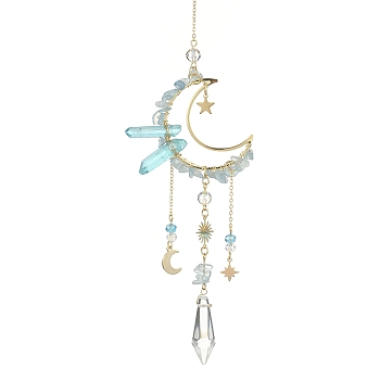 Natural Aquamarine Chips & Brass Moon Pendant Decorations, with Glass Cone and Brass Sun/Star/Moon Charms, for Home Decorations, 325mm