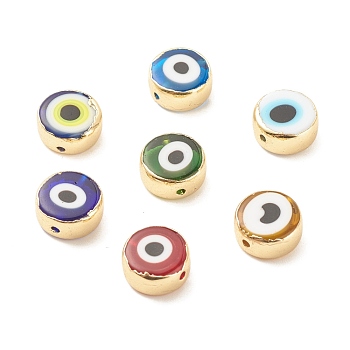 Handmade Evil Eye Lampwork Beads, with Brass Findings, Long-Lasting Color, Cadmium Free & Lead Free, Flat Round, Mixed Color, 11~12x5.5mm, Hole: 1.2mm