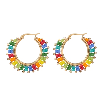 Glass Seed Braided Hoop Earrings, Gold Plated Brass Jewelry for Women, Colorful, 30x35x3mm, Pin: 0.9mm