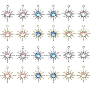 24Pcs 6 Styles Rack Plating Alloy Pendants, Sun Charms, with Resin, Cadmium Free & Nickel Free & Lead Free, Mixed Color, 28x25x5mm, Hole: 1.8mm, 4pcs/style