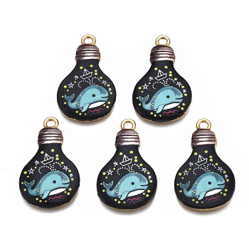 Rack Plating Alloy Enamel Pendants, Cadmium Free & Nickel Free & Lead Free, Bulb with Whale Pattern, Turquoise, 28x17x2.5mm, Hole: 2mm