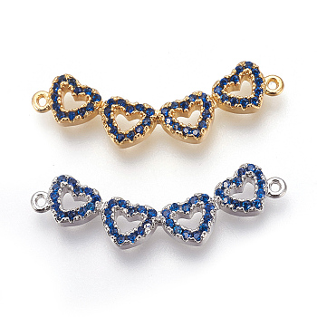 Brass Micro Pave Cubic Zirconia Links, Heart, Royal Blue, Mixed Color, 28.5x9x2mm, Hole: 0.5mm