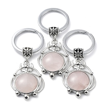 Natural Rose Quartz Keychain, with Plating Brass Pendant and Iron Rings, Lead Free & Cadmium Free, 6.6cm