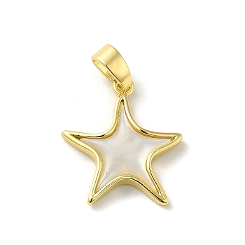 Brass Pave Natural White Shell Pendants with Snap on Bails, Real 14K Gold Plated, Star, 16x14.5x2.5mm, Hole: 4.5x3mm