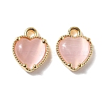 Heart Brass Charms, with Cat Eye, Nickel Free, Real 18K Gold Plated, Pink, 9x7.5x3.5mm, Hole: 1mm(KK-D024-02A-G)