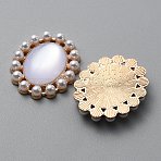 Cat Eye Cabochons, with Alloy Finding and Plstic Imitation Pearl Beads, Oval, White, 27.5x23x5mm(FIND-WH0111-292E)