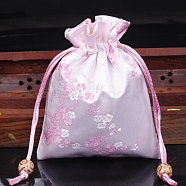 Chinese Style Flower Pattern Satin Jewelry Packing Pouches, Drawstring Gift Bags, Rectangle, Pearl Pink, 14x11cm(PW-WG37271-28)